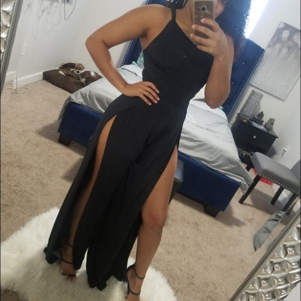 One shoulder side split black jumpsuit